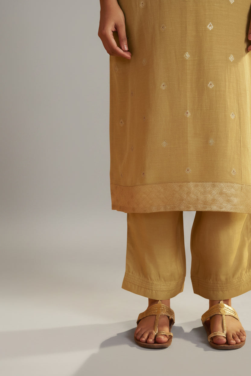 Sand Yellow Viscose Linen Jacquard Fancy Kurta Set