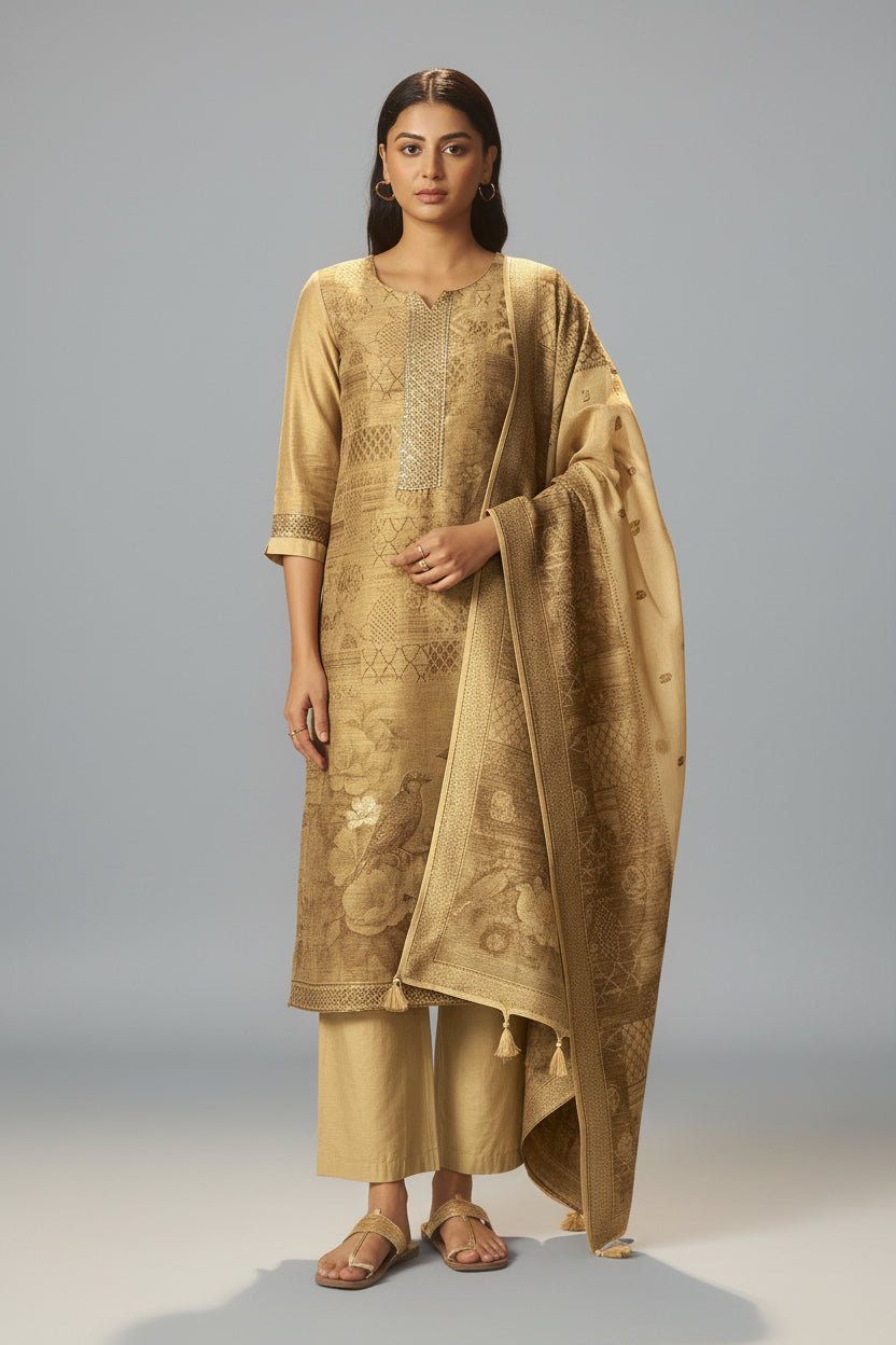 Mustard Bronze Chanderi Jacquard Kurta Set