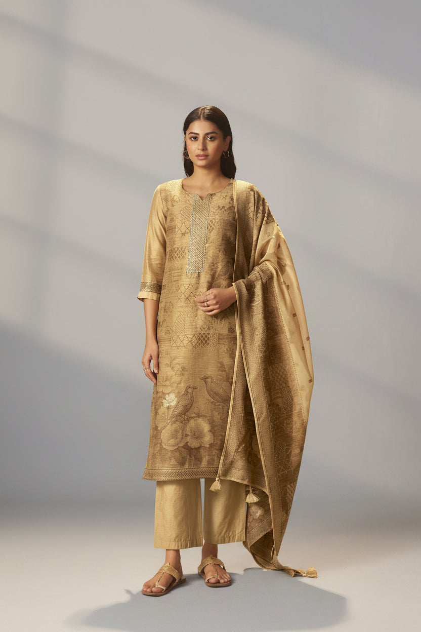 Mustard Bronze Chanderi Jacquard Kurta Set