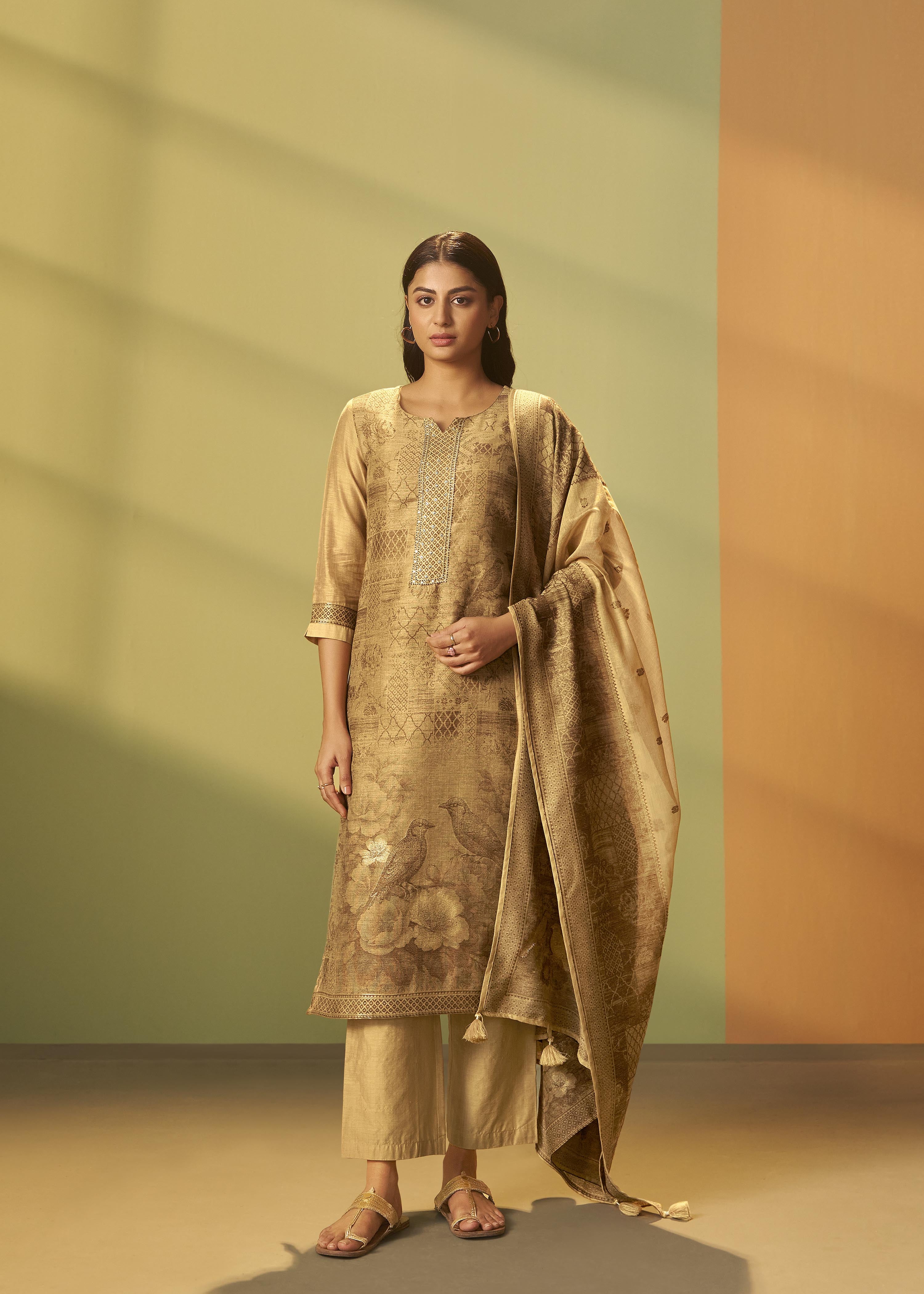 Mustard Bronze Chanderi Jacquard Kurta Set