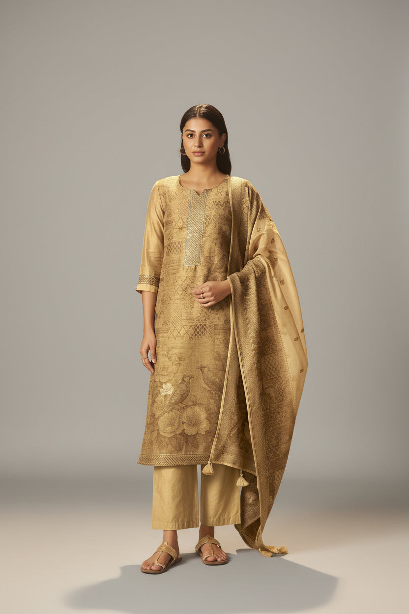 Mustard Bronze Chanderi Jacquard Kurta Set