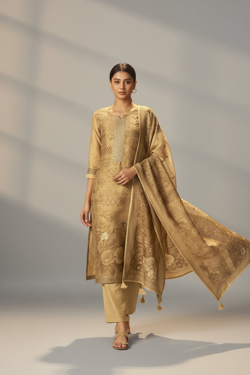 Mustard Bronze Chanderi Jacquard Kurta Set