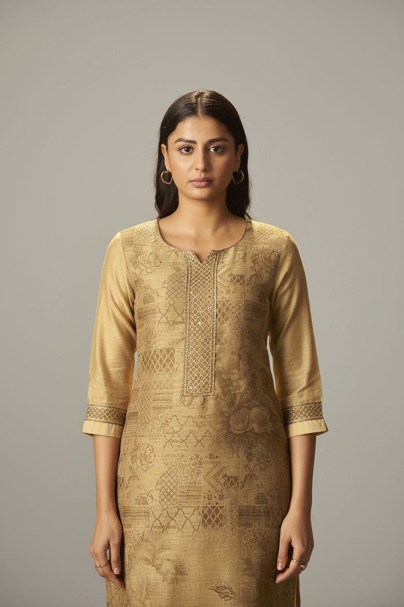 Mustard Bronze Chanderi Jacquard Kurta Set