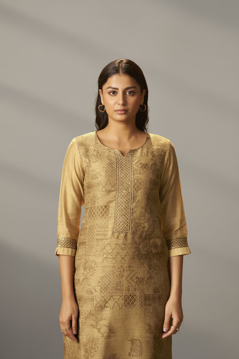 Mustard Bronze Chanderi Jacquard Kurta Set