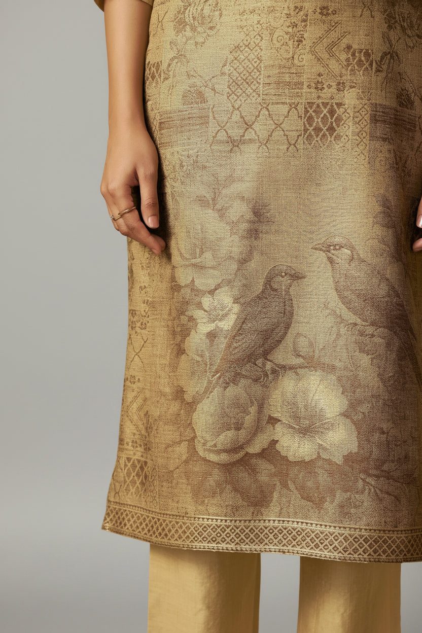 Mustard Bronze Chanderi Jacquard Kurta Set