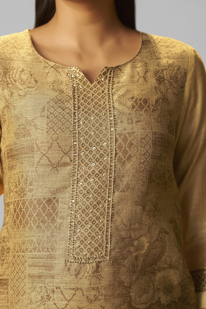 Mustard Bronze Chanderi Jacquard Kurta Set