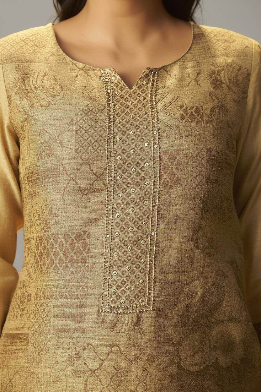 Mustard Bronze Chanderi Jacquard Kurta Set