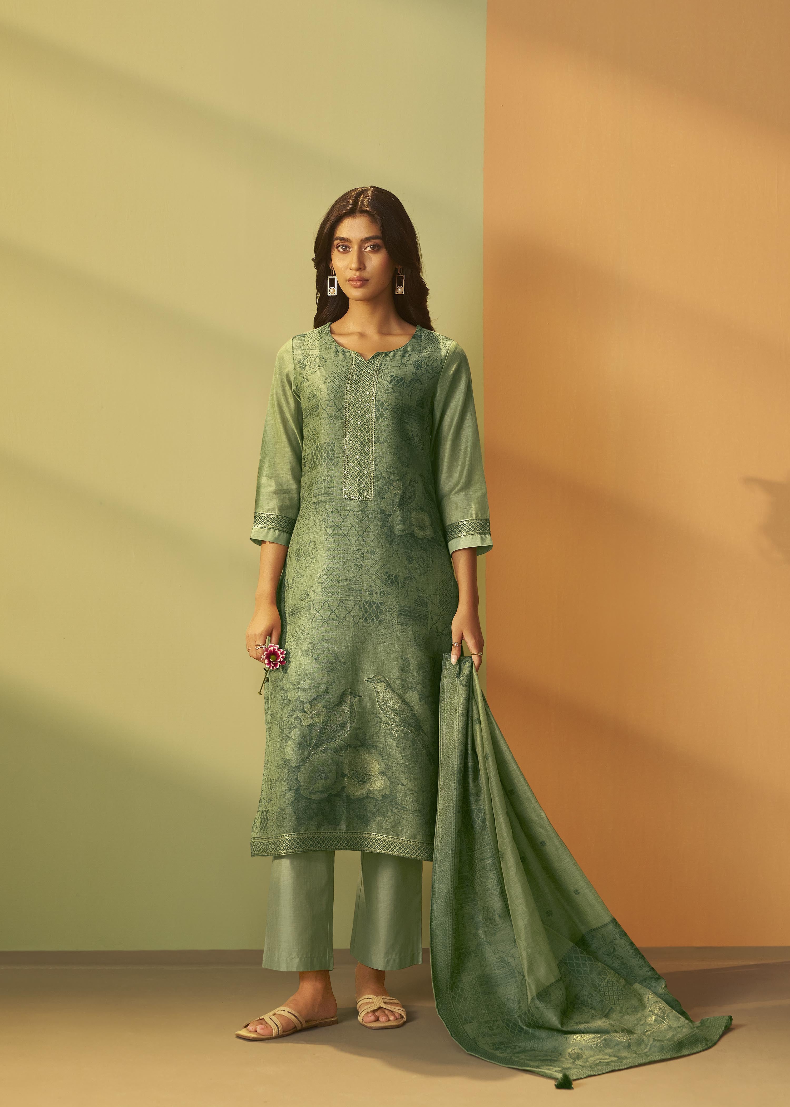Muted Jade Green Chanderi Jacquard Kurta Set