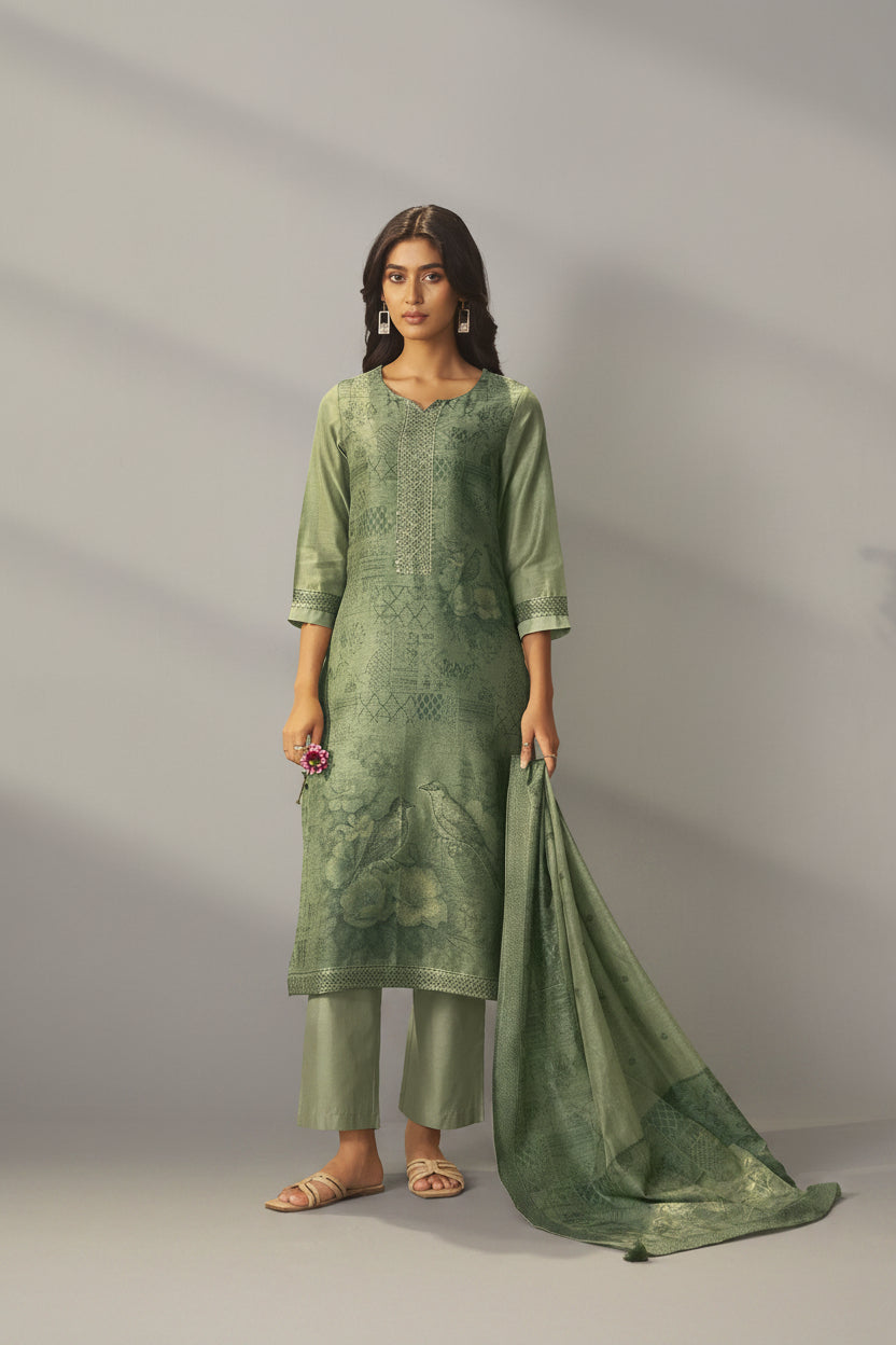 Muted Jade Green Chanderi Jacquard Kurta Set