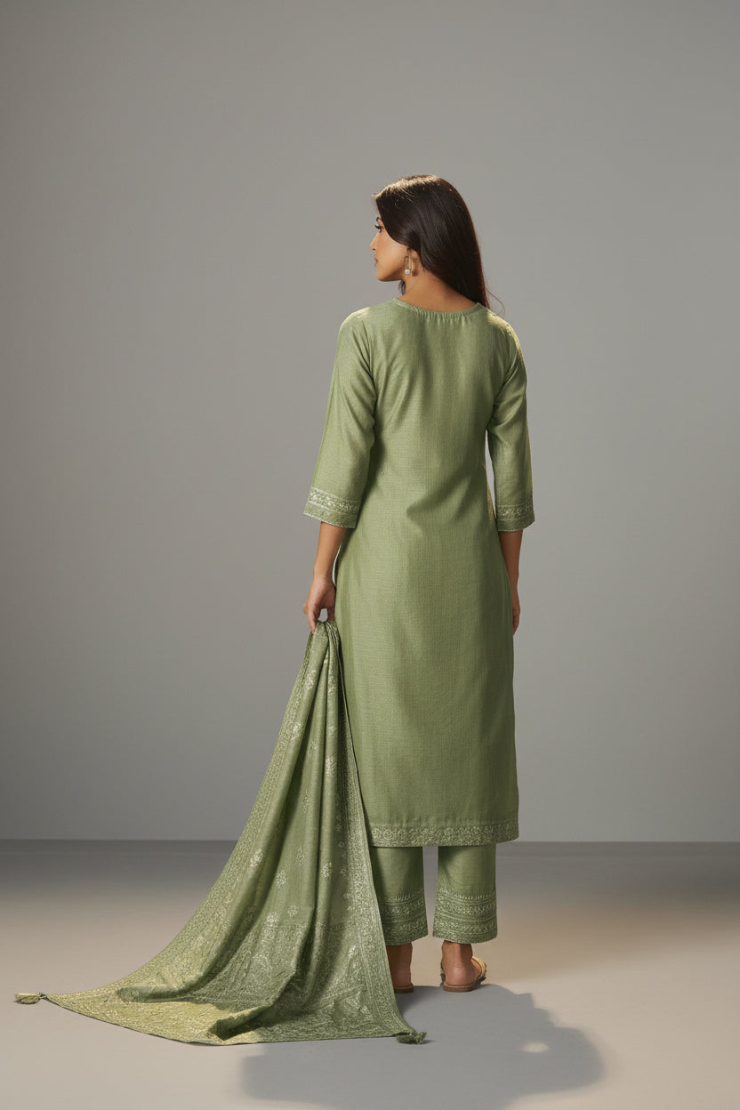 Muted Jade Green Chanderi Jacquard Kurta Set