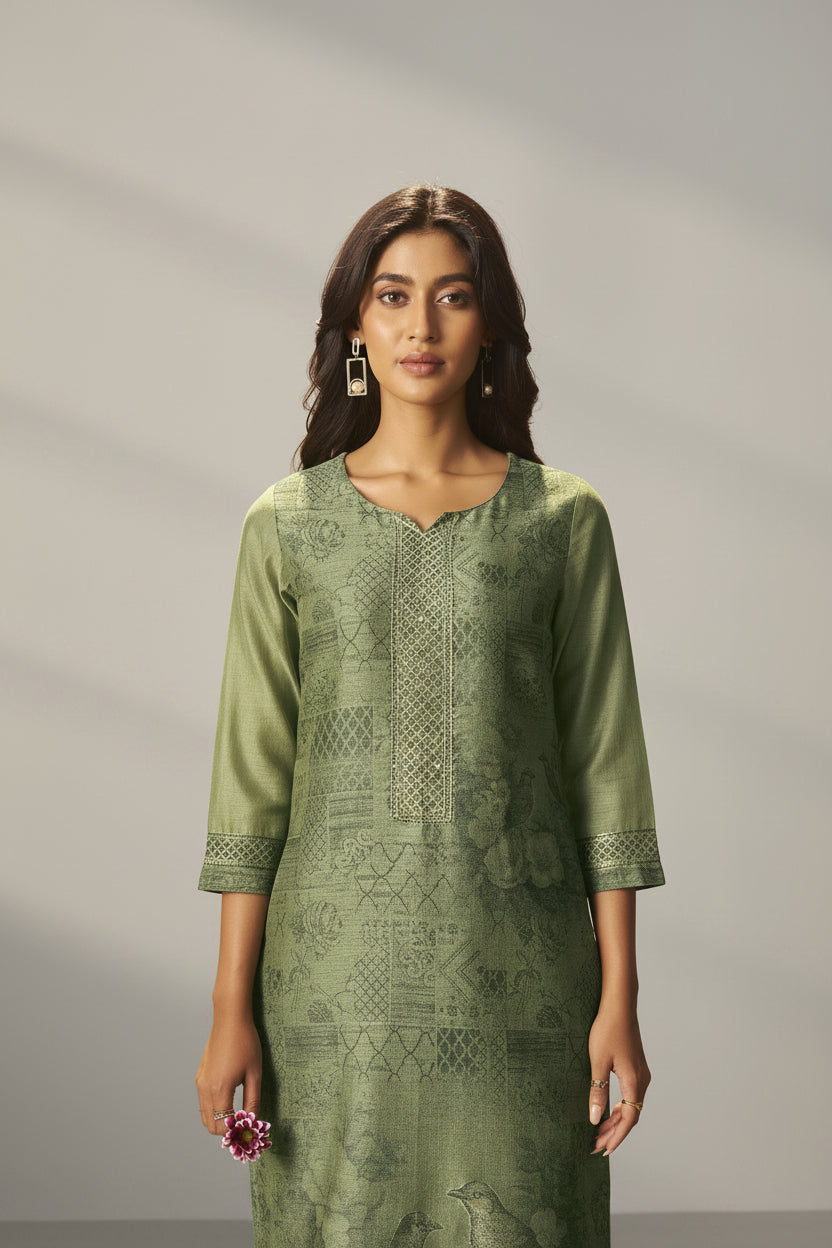 Muted Jade Green Chanderi Jacquard Kurta Set