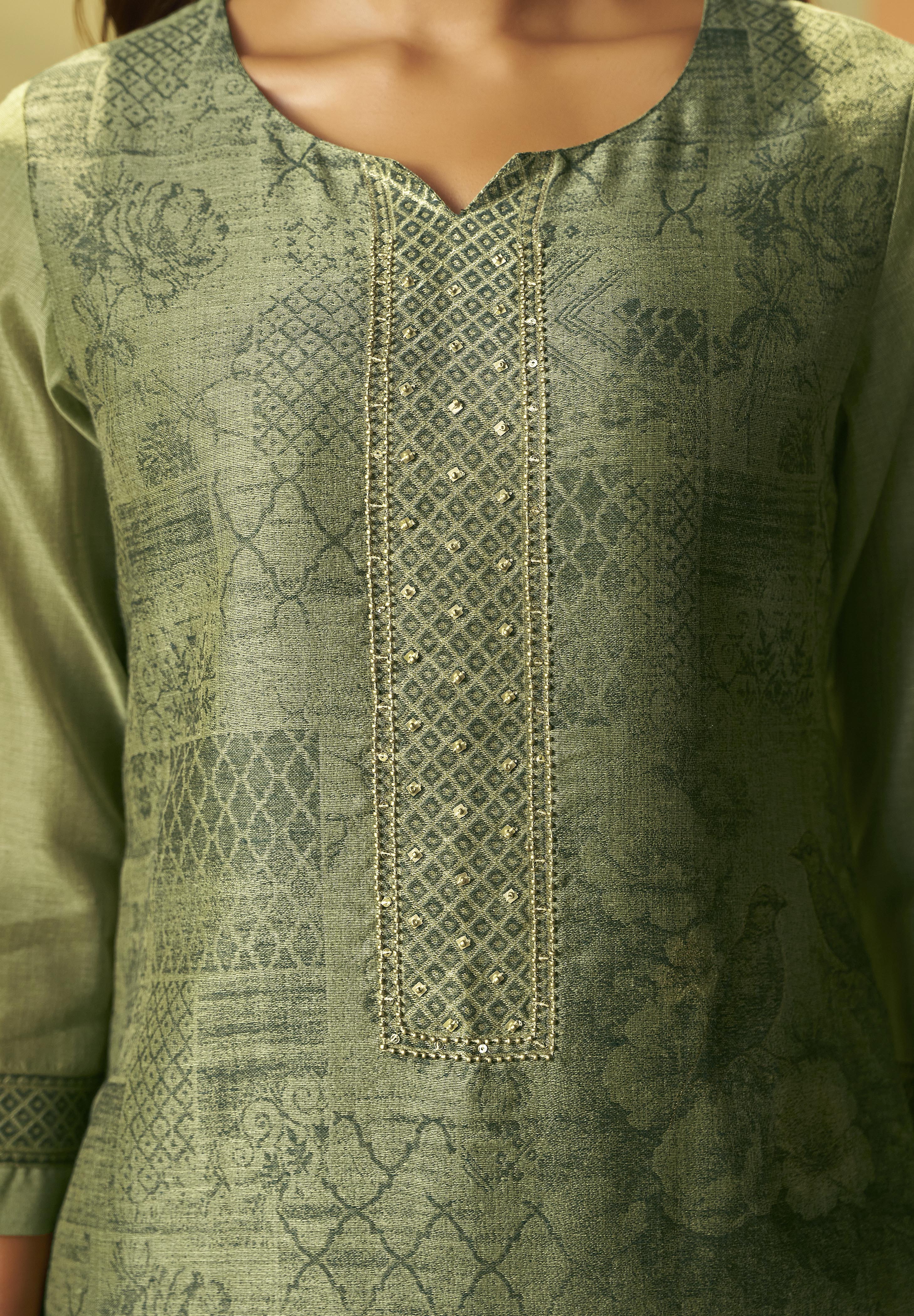 Muted Jade Green Chanderi Jacquard Kurta Set