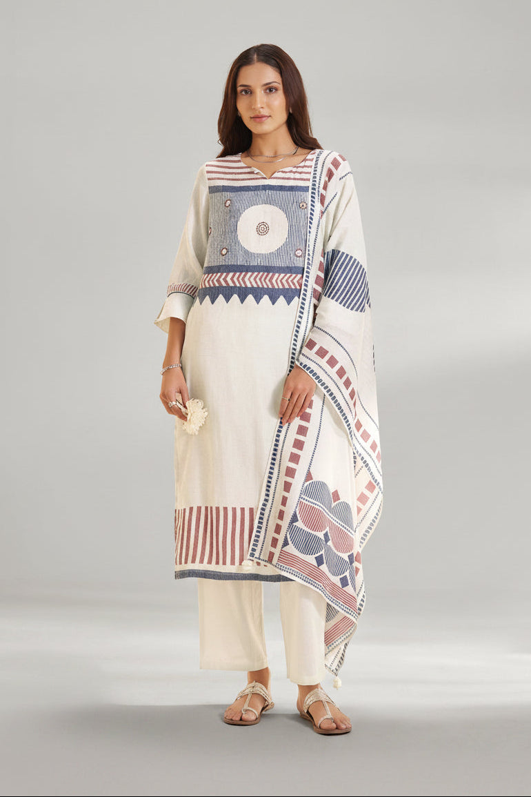 Bright White Pure Cotton Linen Digital Print Kurta Set