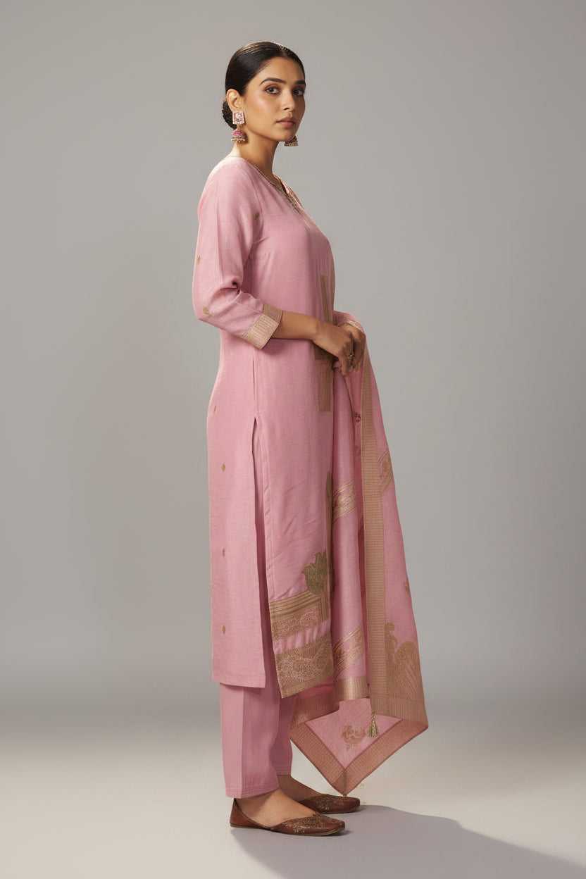 Powder Pink Viscose Slub Linen Jacquard Kurta Set