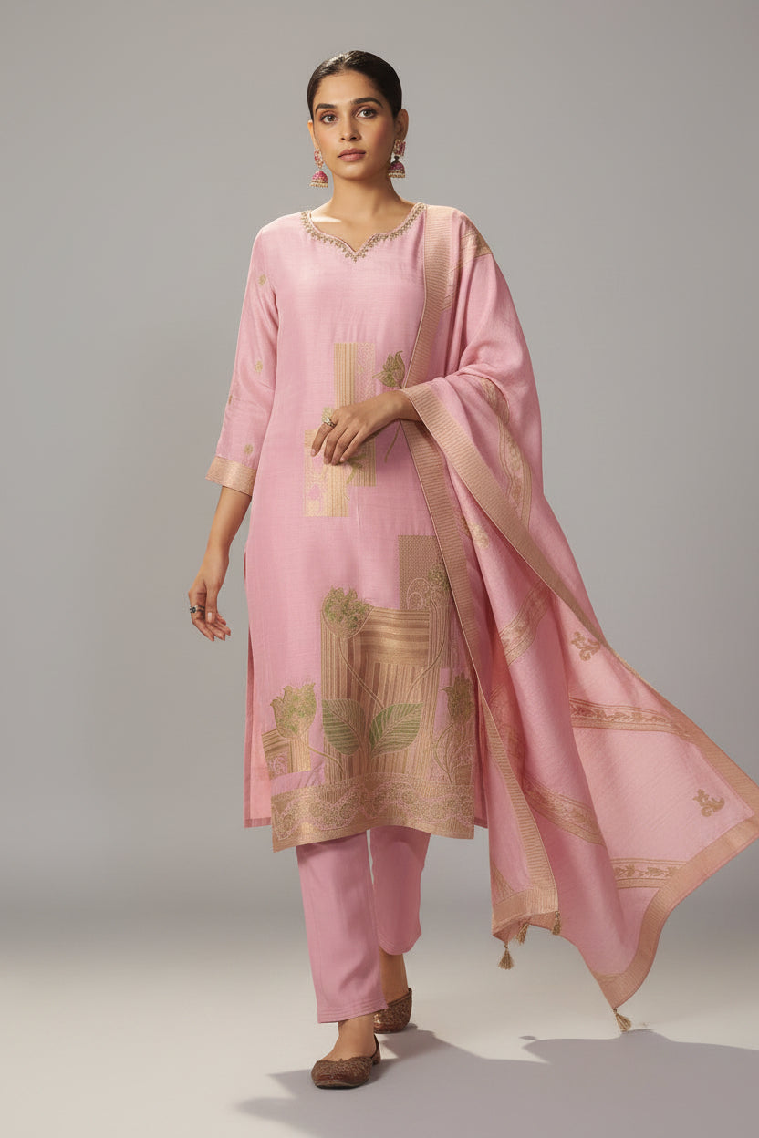 Powder Pink Viscose Slub Linen Jacquard Kurta Set