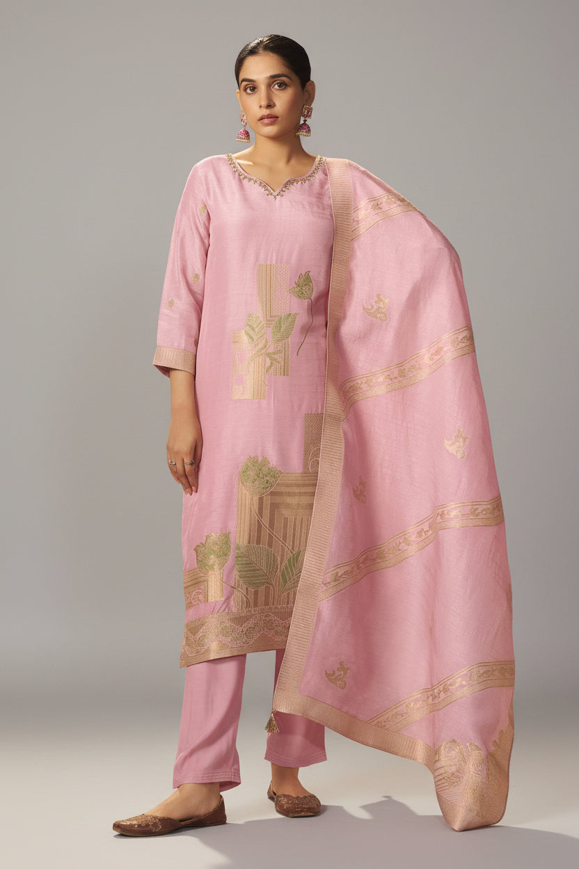 Powder Pink Viscose Slub Linen Jacquard Kurta Set
