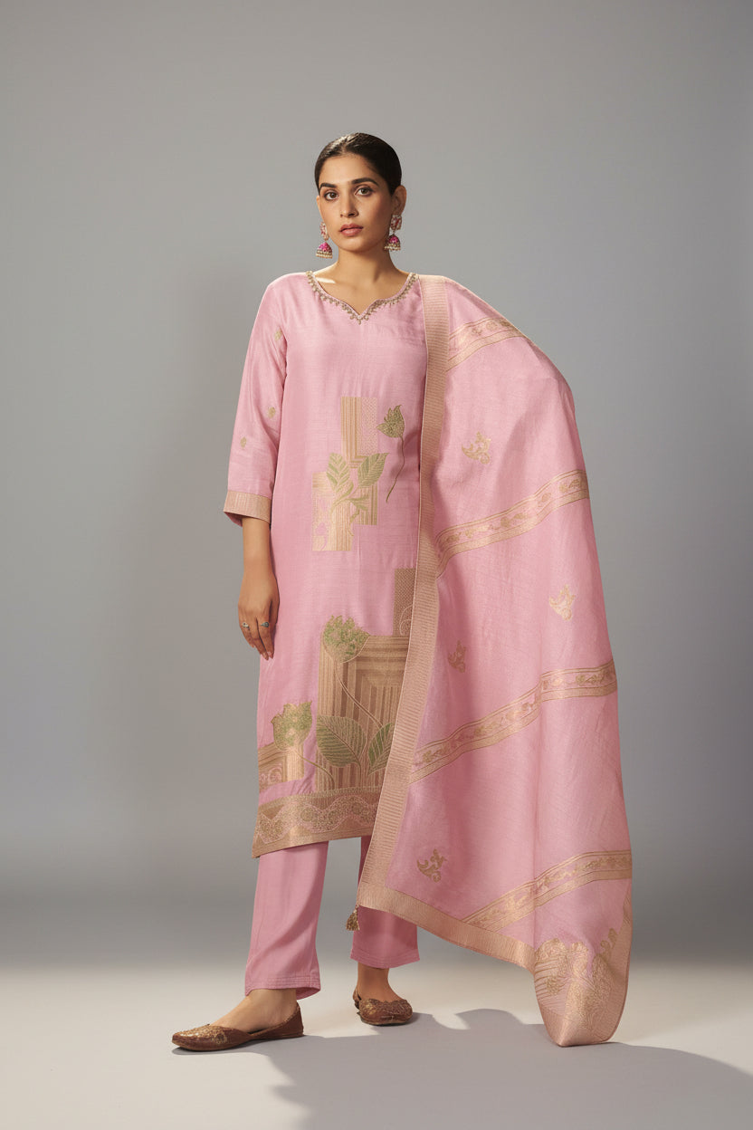 Powder Pink Viscose Slub Linen Jacquard Kurta Set