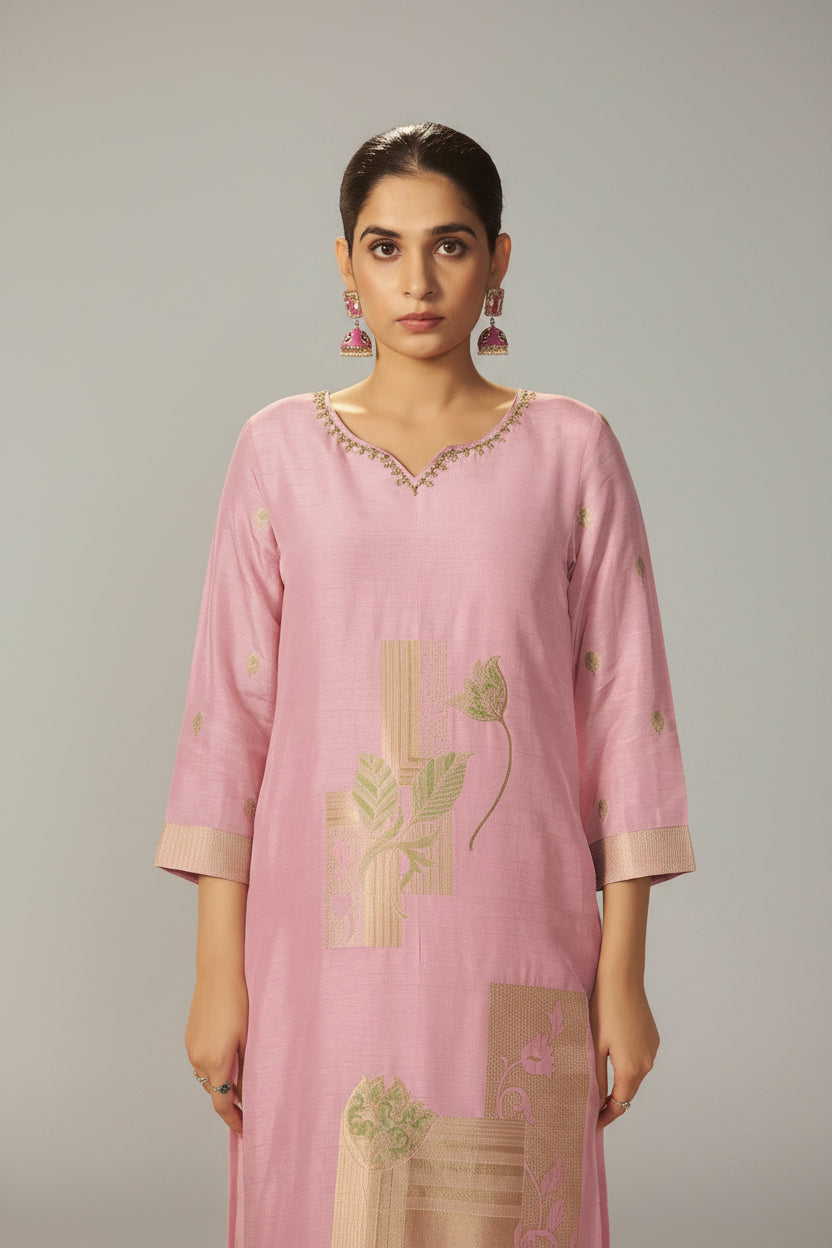 Powder Pink Viscose Slub Linen Jacquard Kurta Set