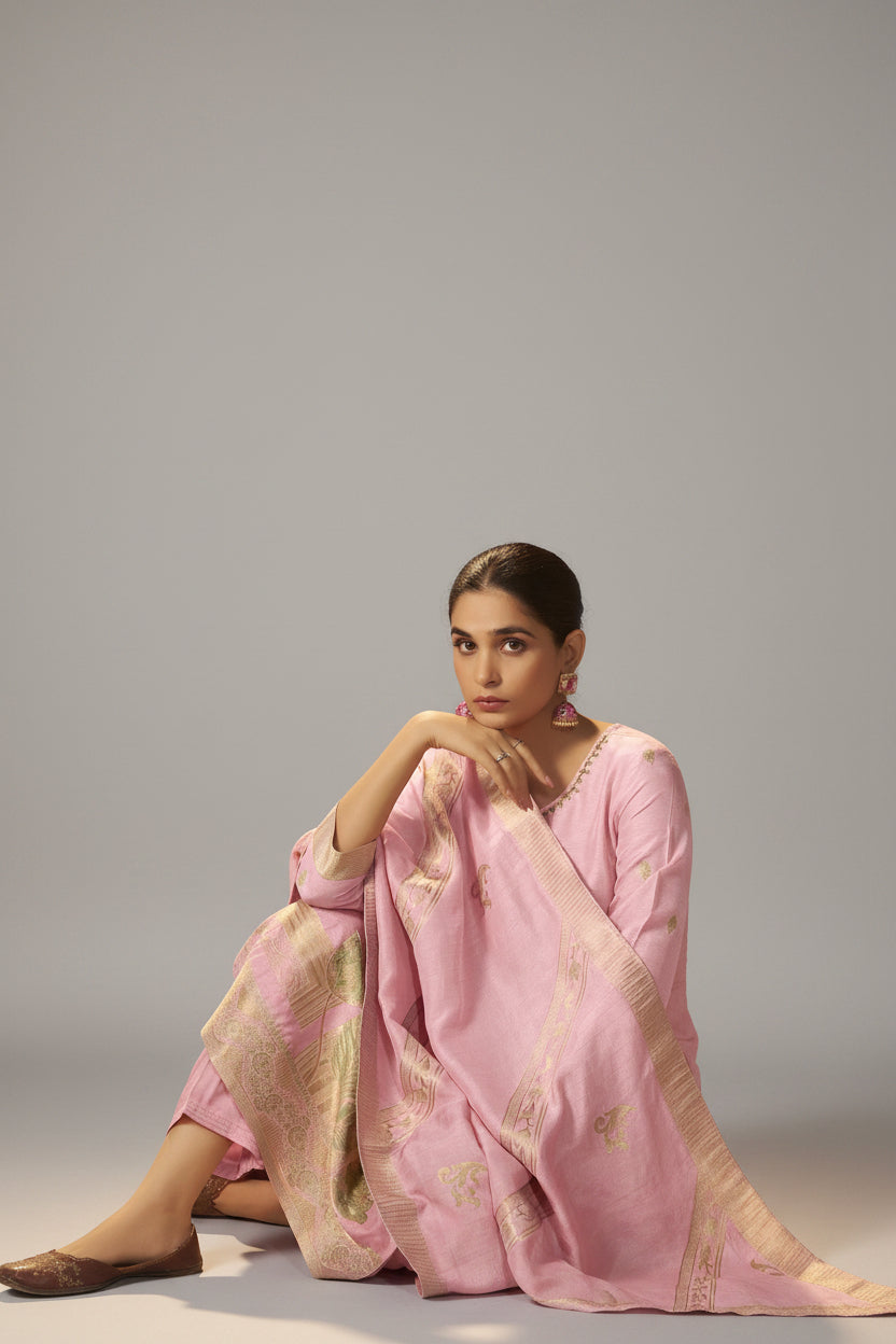 Powder Pink Viscose Slub Linen Jacquard Kurta Set
