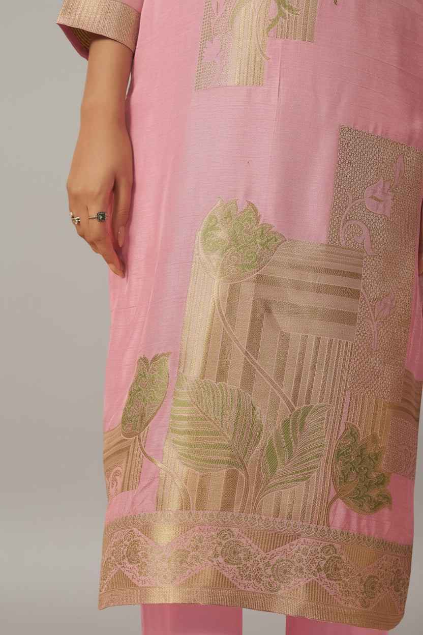 Powder Pink Viscose Slub Linen Jacquard Kurta Set