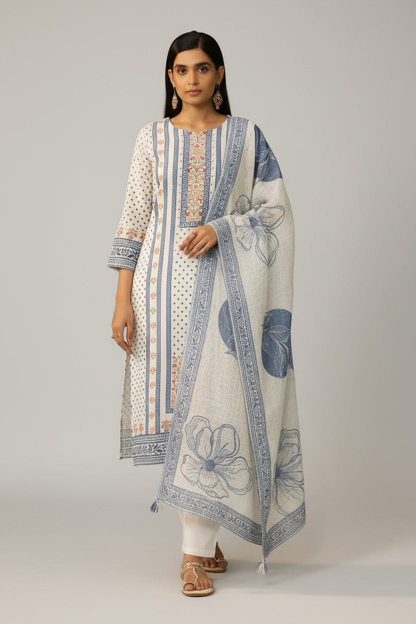Cream Poly Linen Digital Print Kurta Set with Dupatta