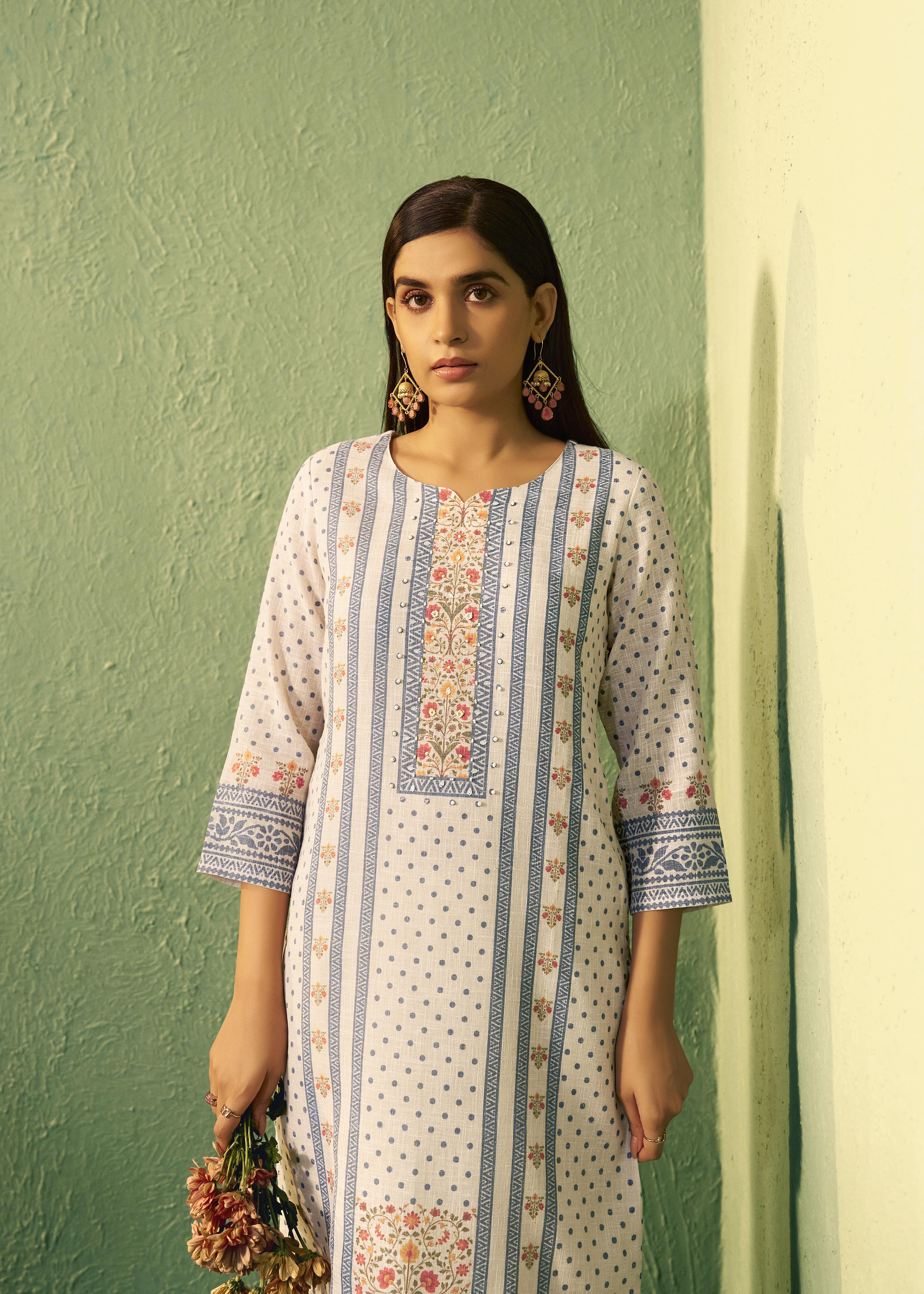 Cream Poly Linen Digital Print Kurta Set with Dupatta