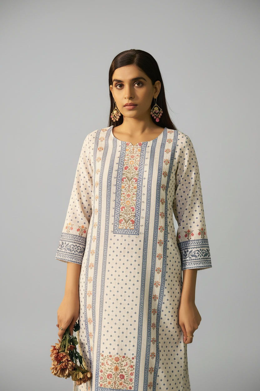 Cream Poly Linen Digital Print Kurta Set with Dupatta