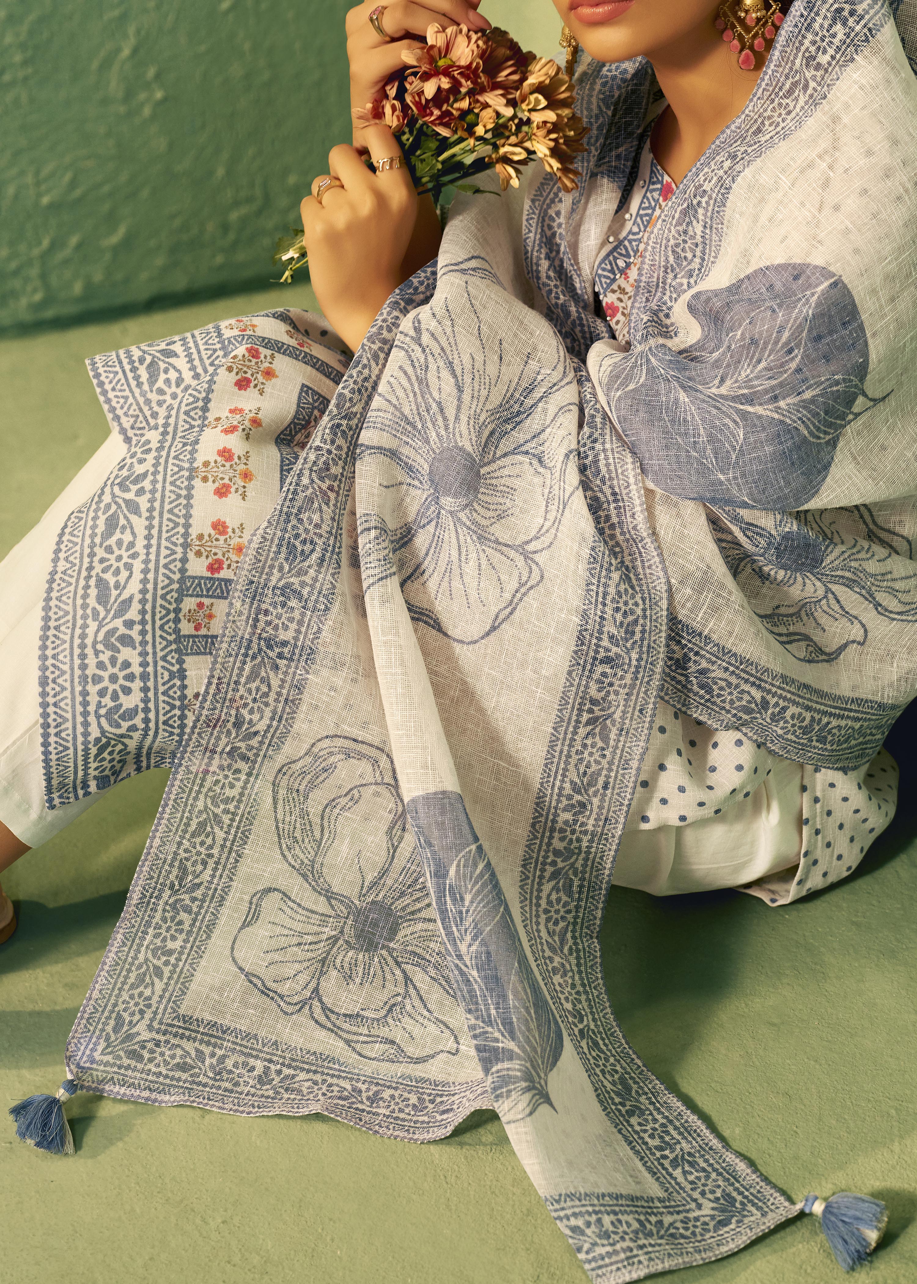Cream Poly Linen Digital Print Kurta Set with Dupatta