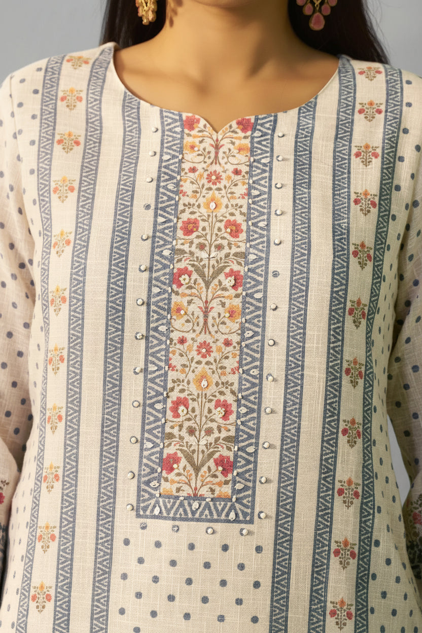 Cream Poly Linen Digital Print Kurta Set with Dupatta
