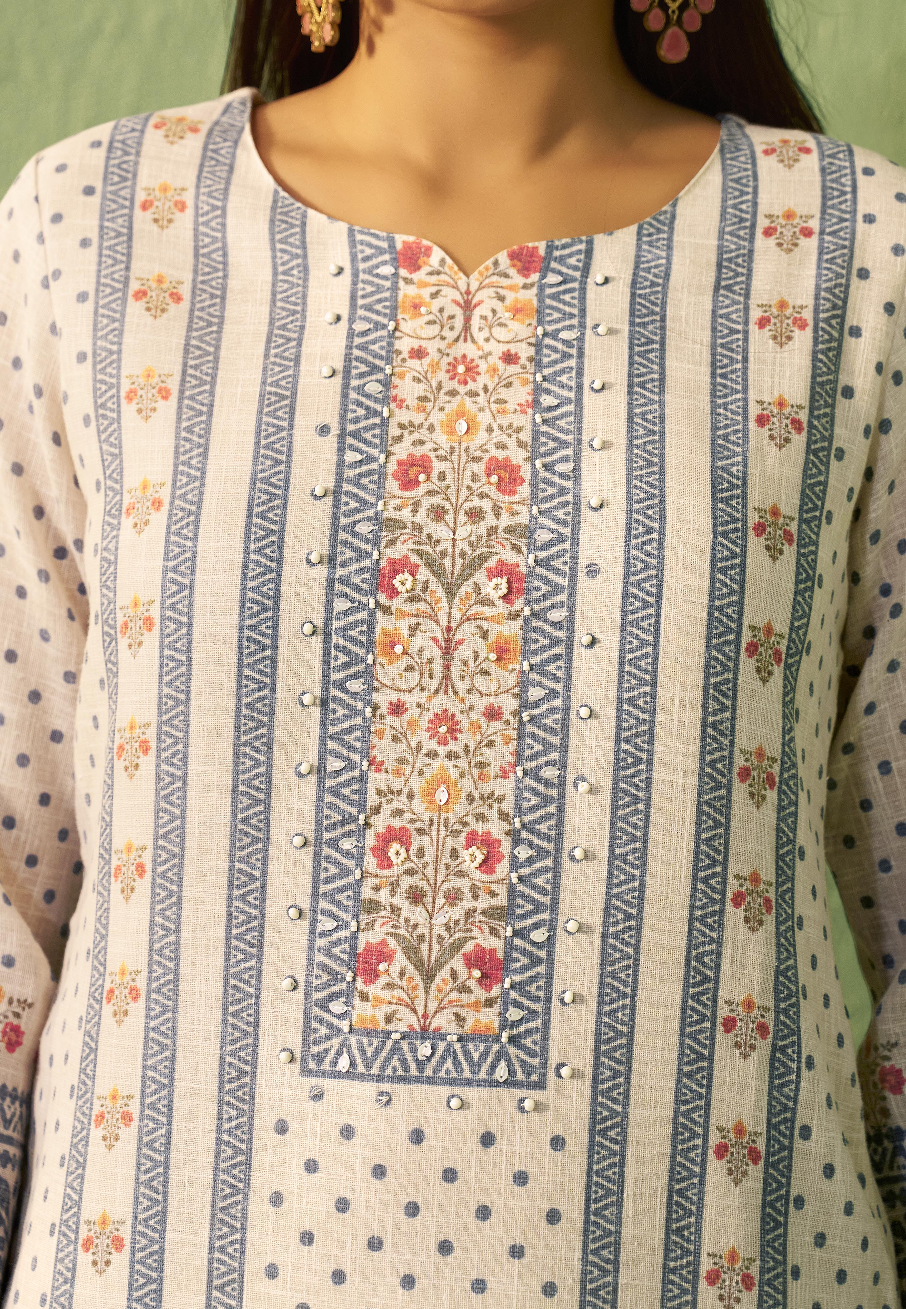 Cream Poly Linen Digital Print Kurta Set with Dupatta