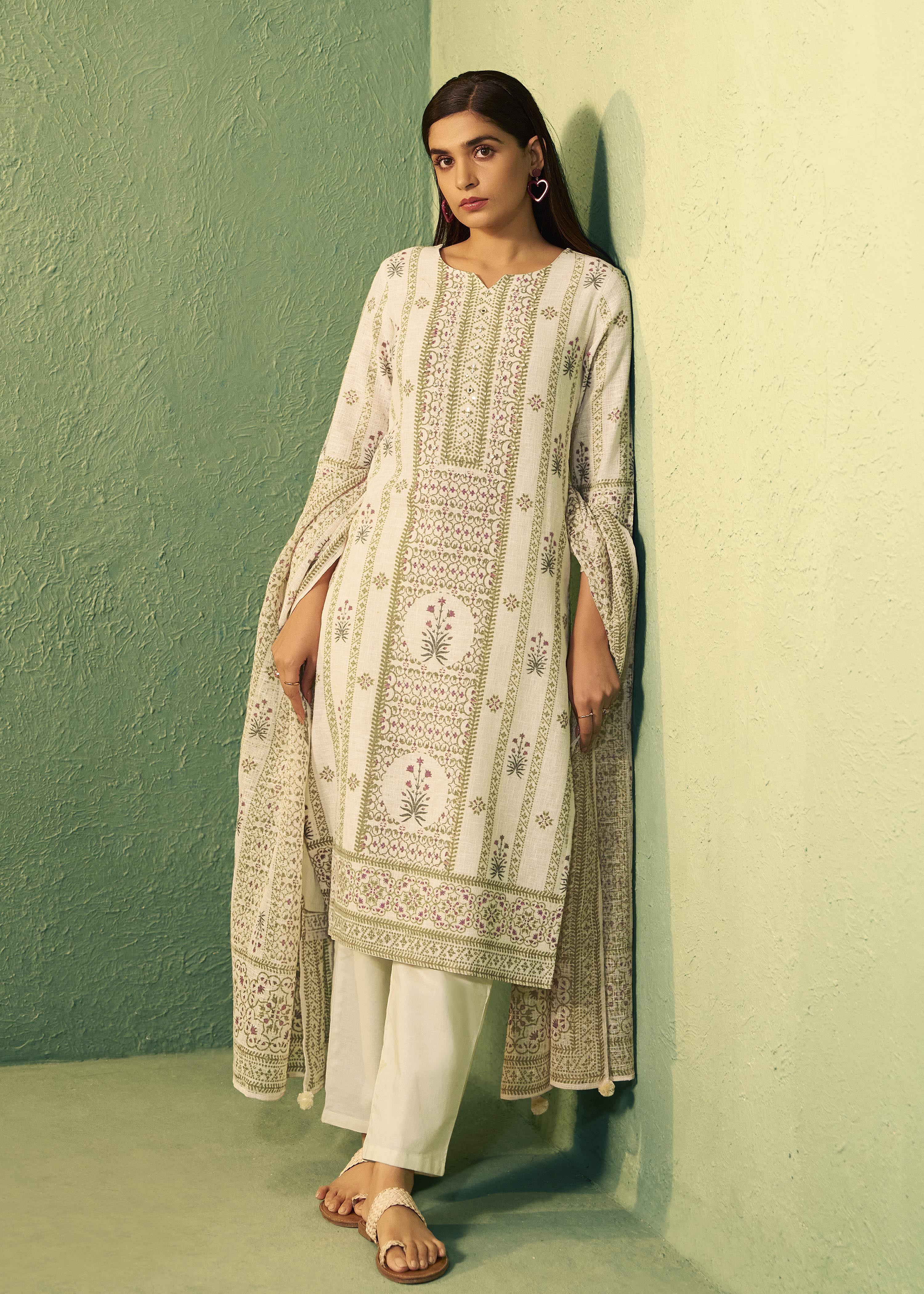 Crisp Cream Cotton Linen Blend olive-green Digital Print Kurta Set