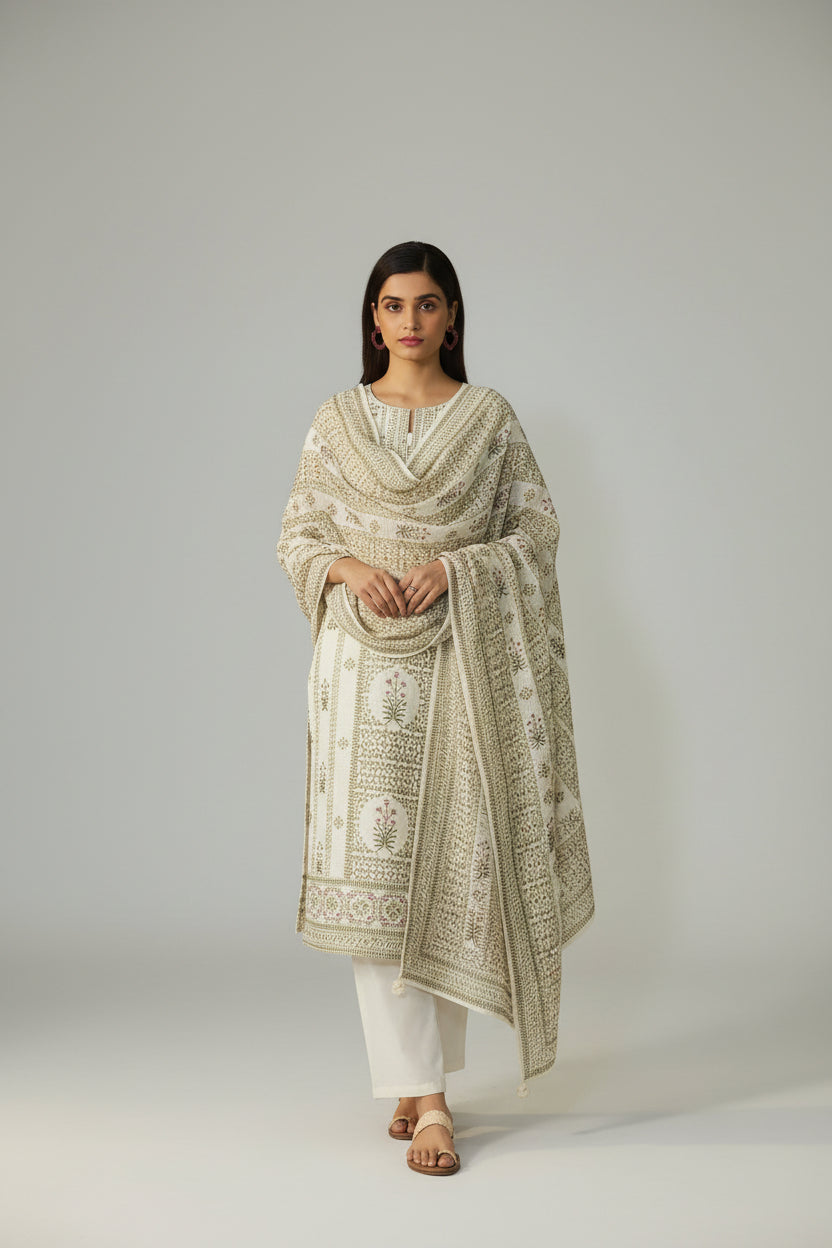 Crisp Cream Cotton Linen Blend olive-green Digital Print Kurta Set