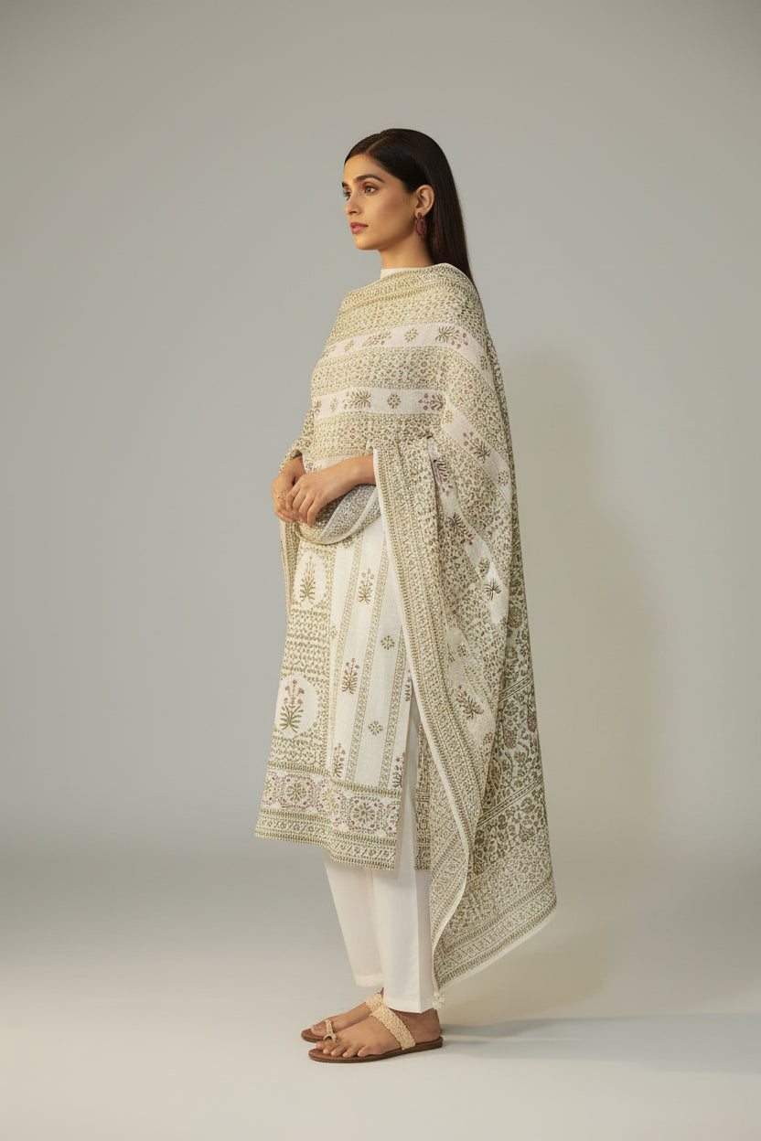 Crisp Cream Cotton Linen Blend olive-green Digital Print Kurta Set