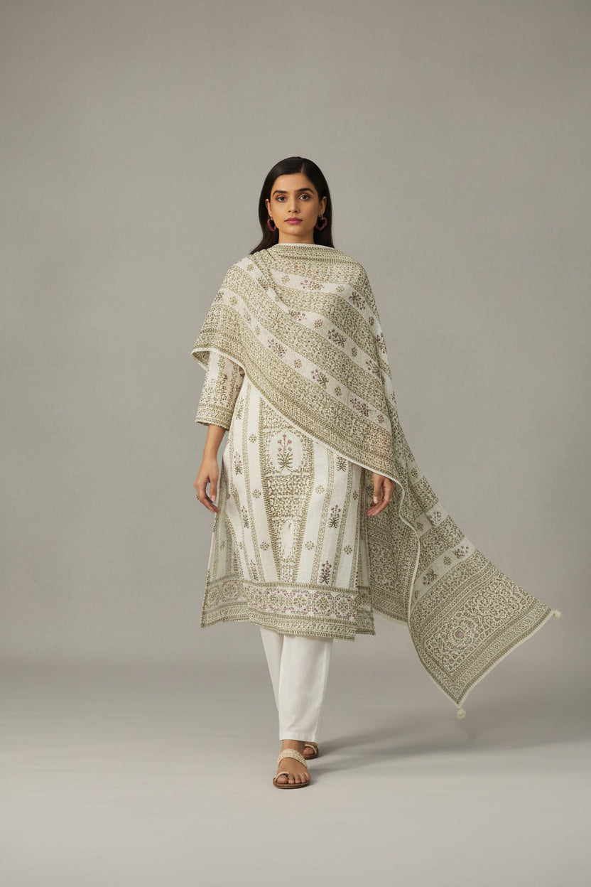Crisp Cream Cotton Linen Blend olive-green Digital Print Kurta Set