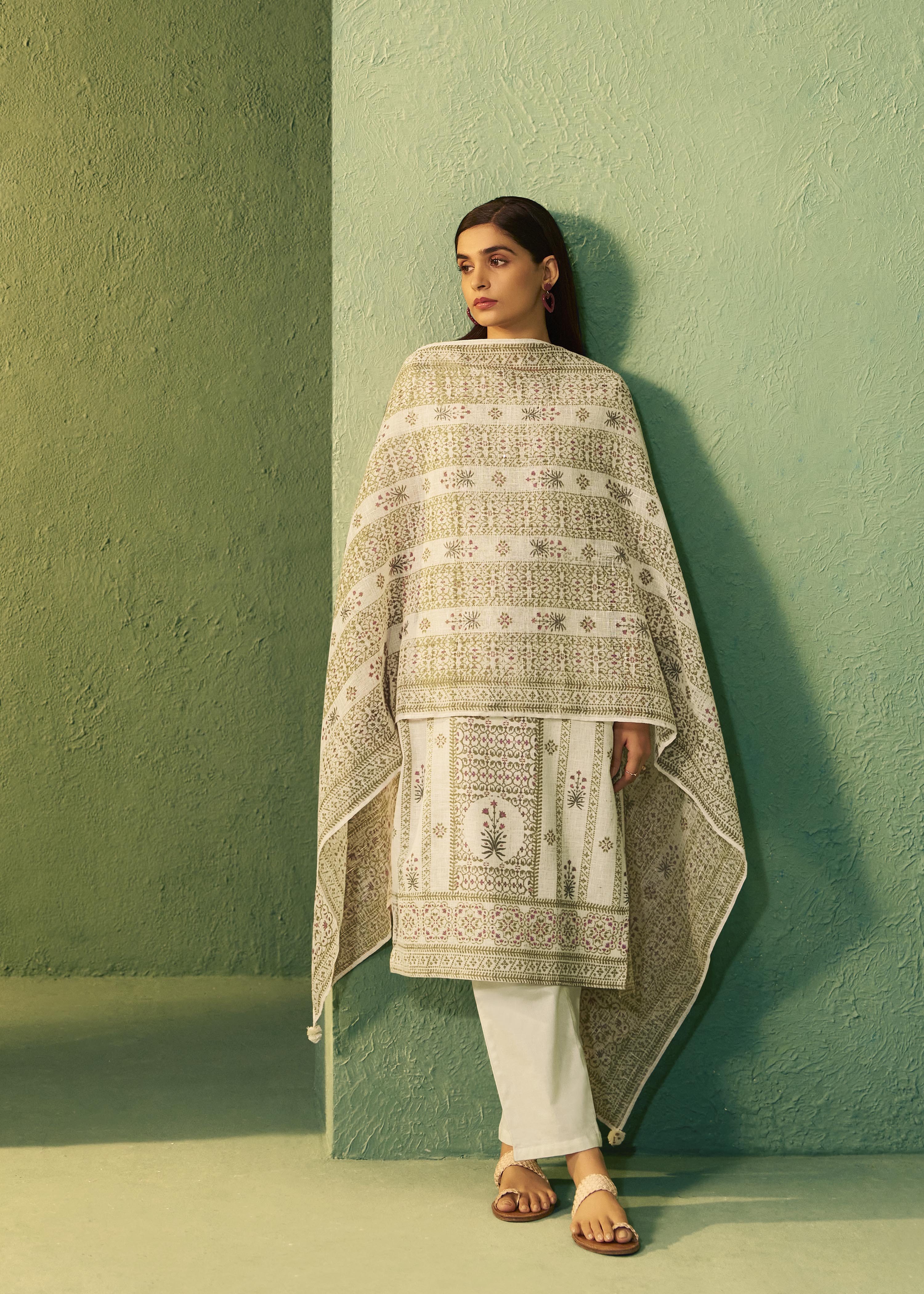 Crisp Cream Cotton Linen Blend olive-green Digital Print Kurta Set