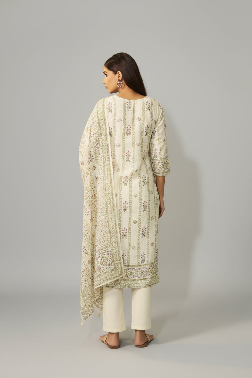 Crisp Cream Cotton Linen Blend olive-green Digital Print Kurta Set