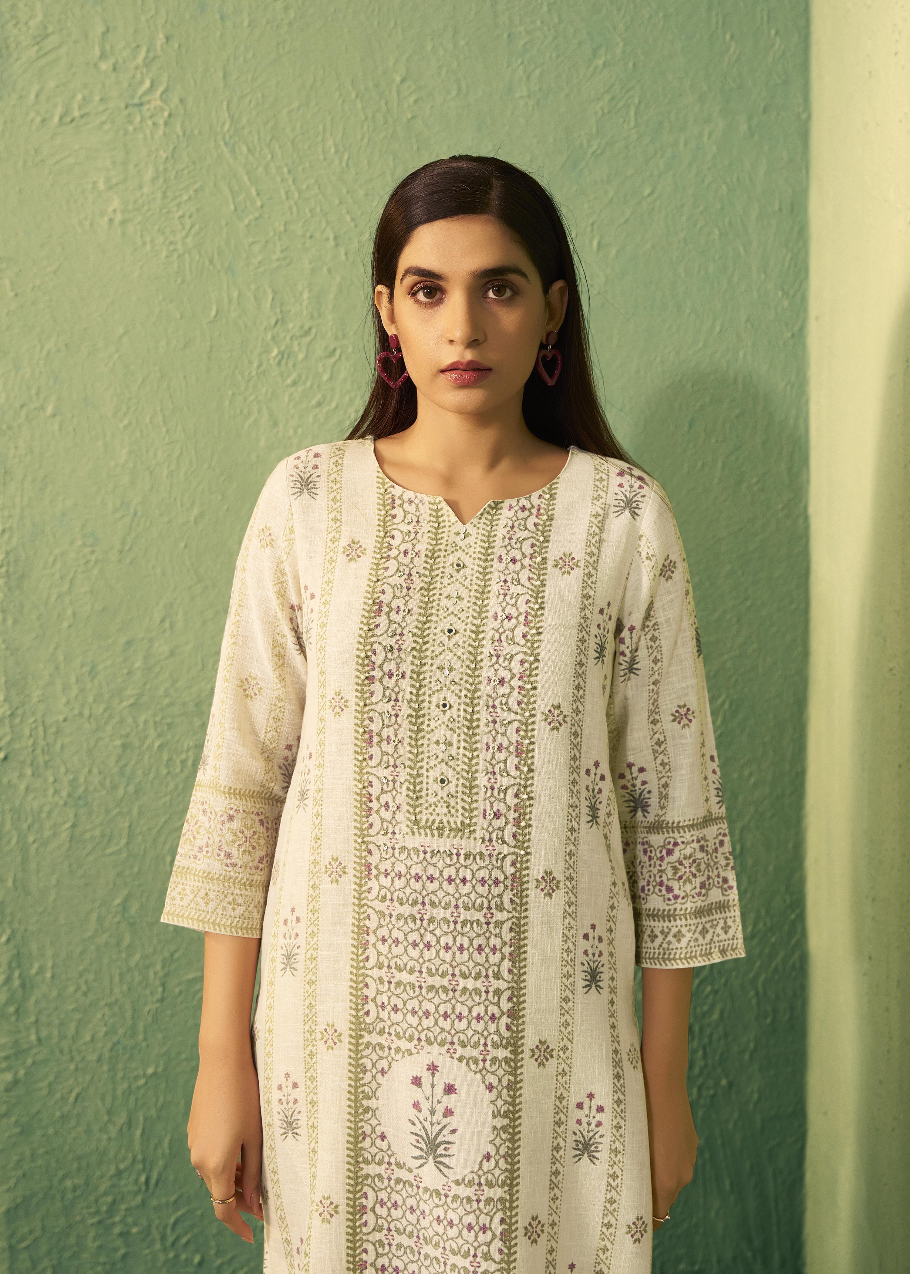 Crisp Cream Cotton Linen Blend olive-green Digital Print Kurta Set