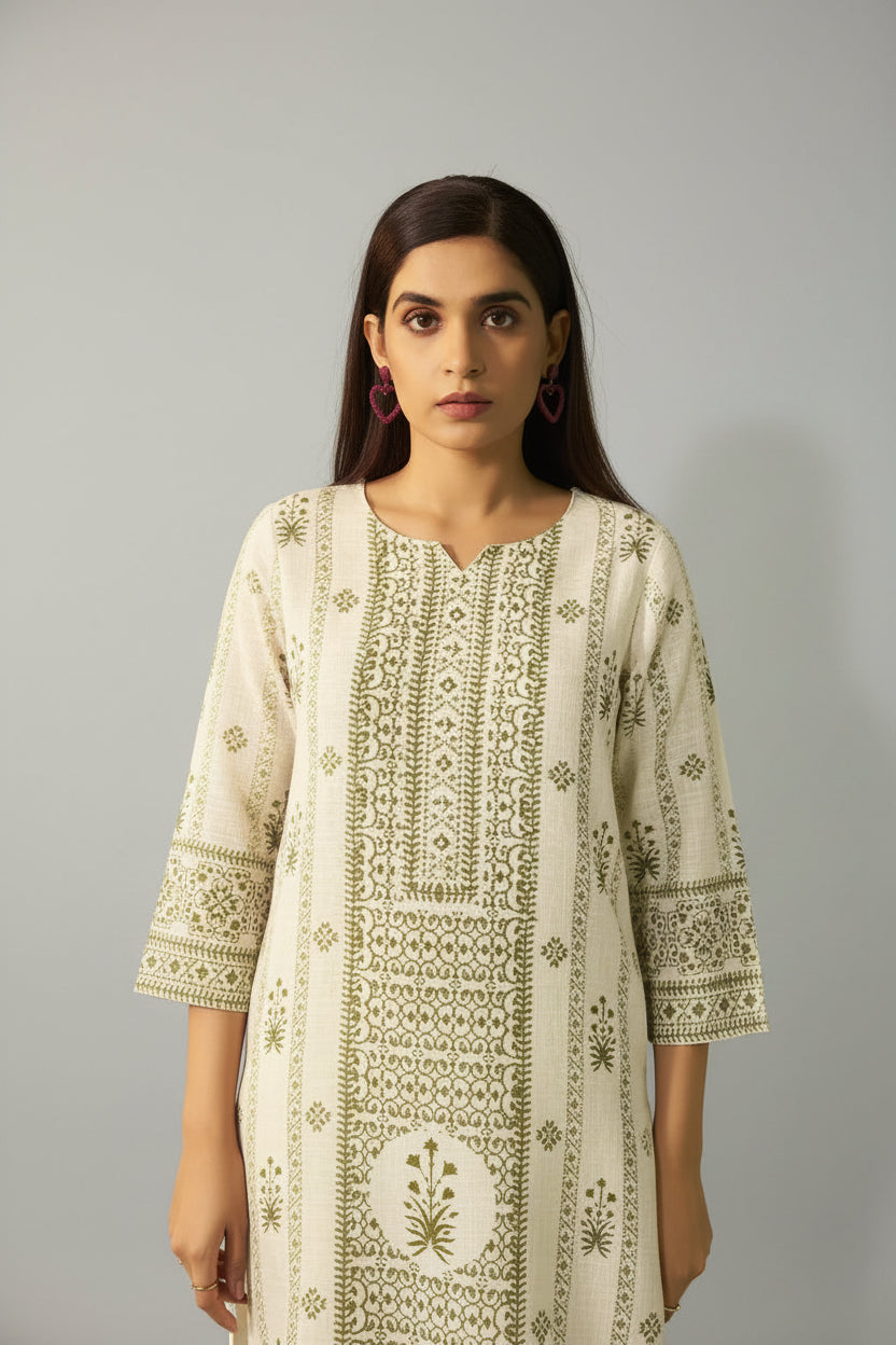 Crisp Cream Cotton Linen Blend olive-green Digital Print Kurta Set