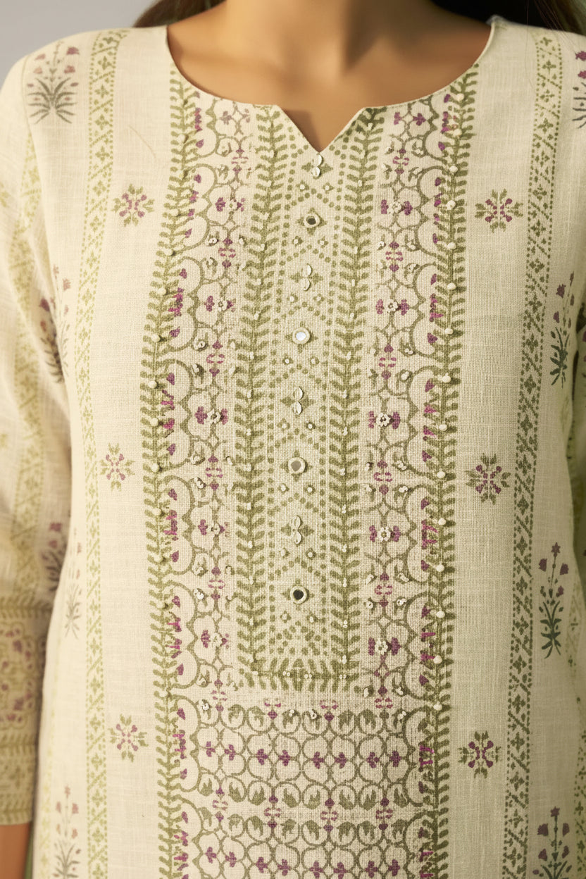 Crisp Cream Cotton Linen Blend olive-green Digital Print Kurta Set