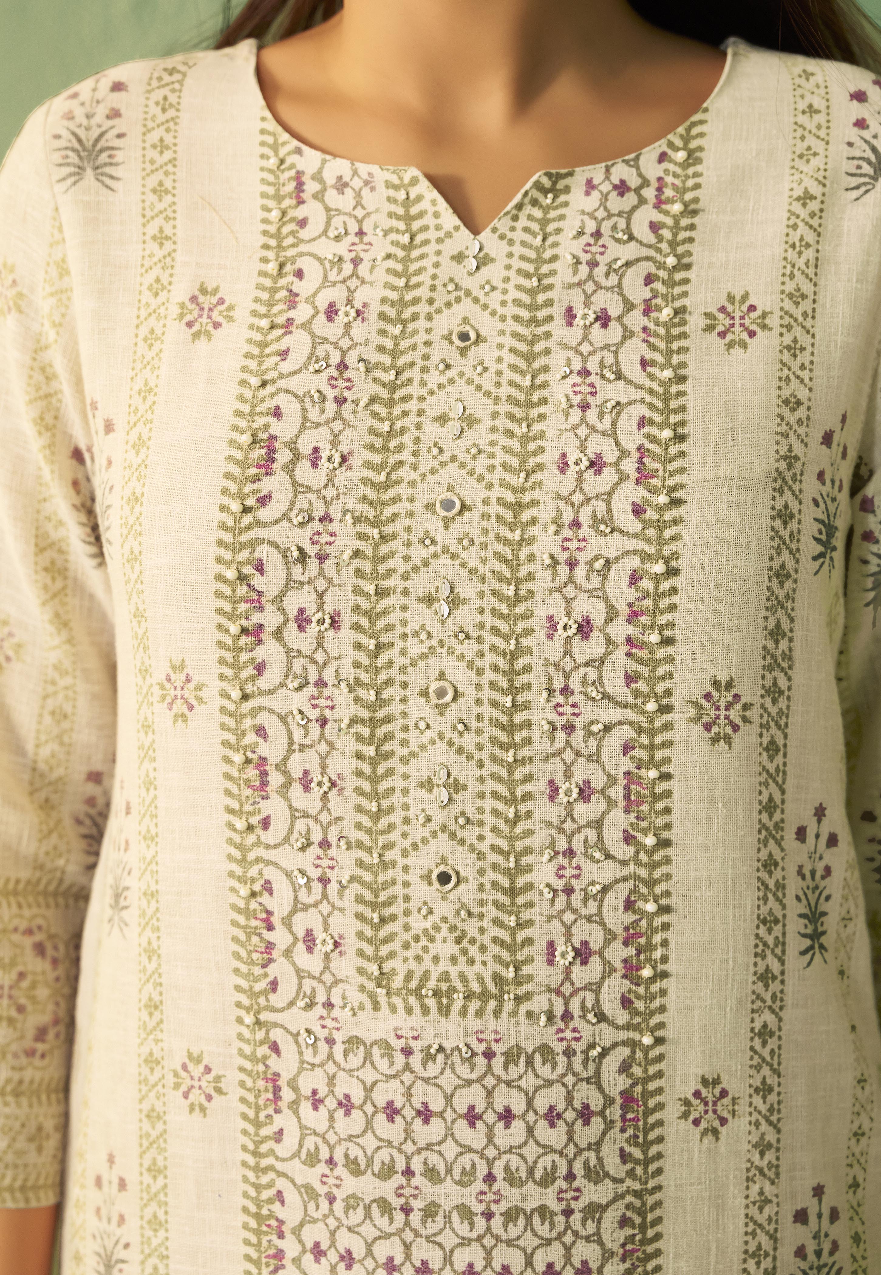 Crisp Cream Cotton Linen Blend olive-green Digital Print Kurta Set