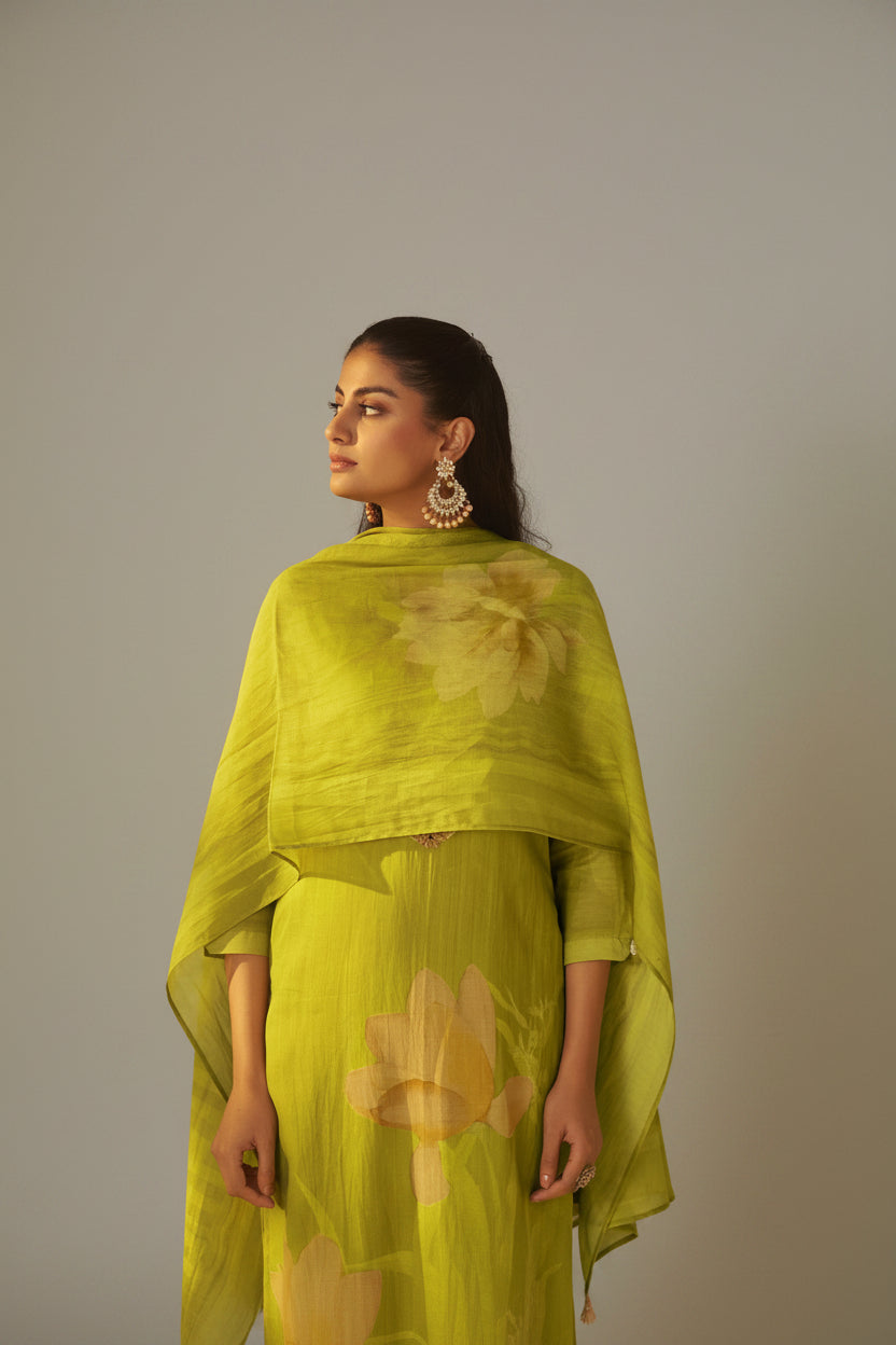 Olive Lime Mul Chanderi Digital Print Kurta Set