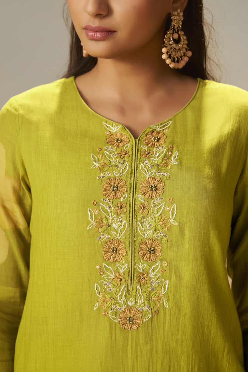 Olive Lime Mul Chanderi Digital Print Kurta Set