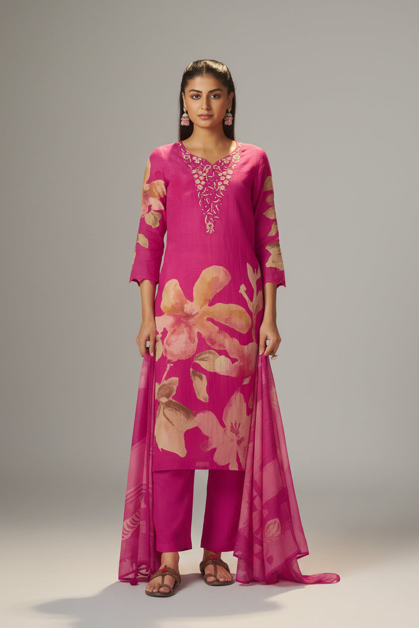 Rani Pink Mul Chanderi Digital Print Kurta Set