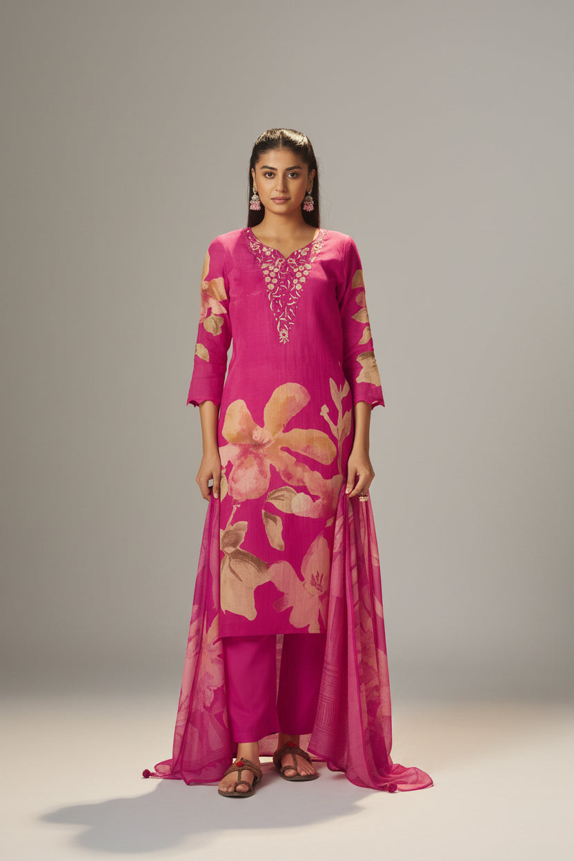 Rani Pink Mul Chanderi Digital Print Kurta Set