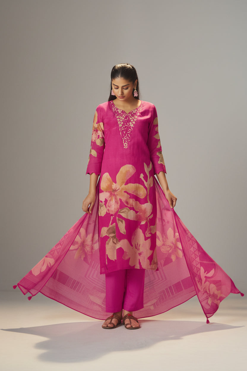 Rani Pink Mul Chanderi Digital Print Kurta Set
