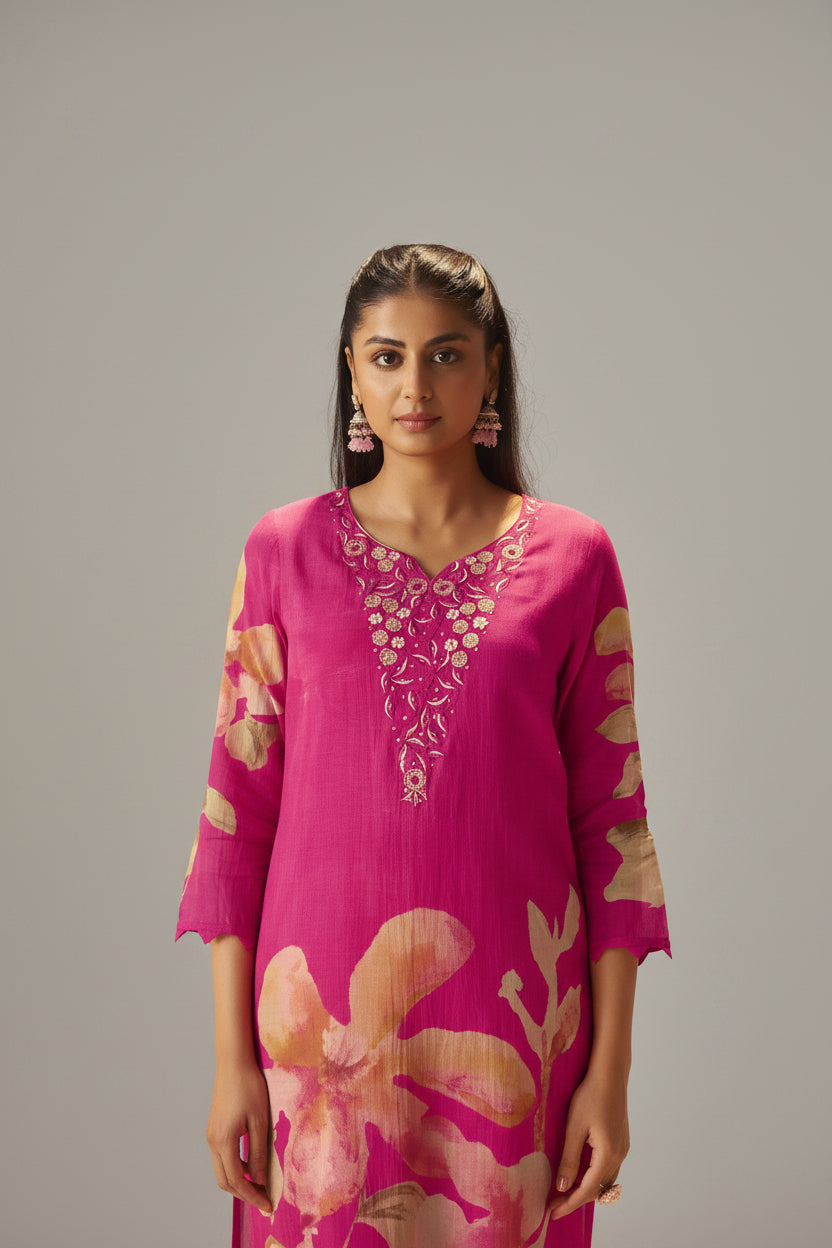 Rani Pink Mul Chanderi Digital Print Kurta Set