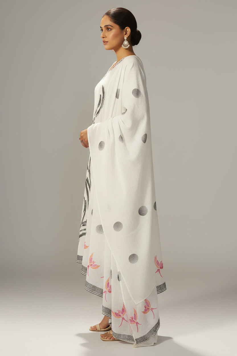 Pure White Cream Cotton Jacquard Kurta Set