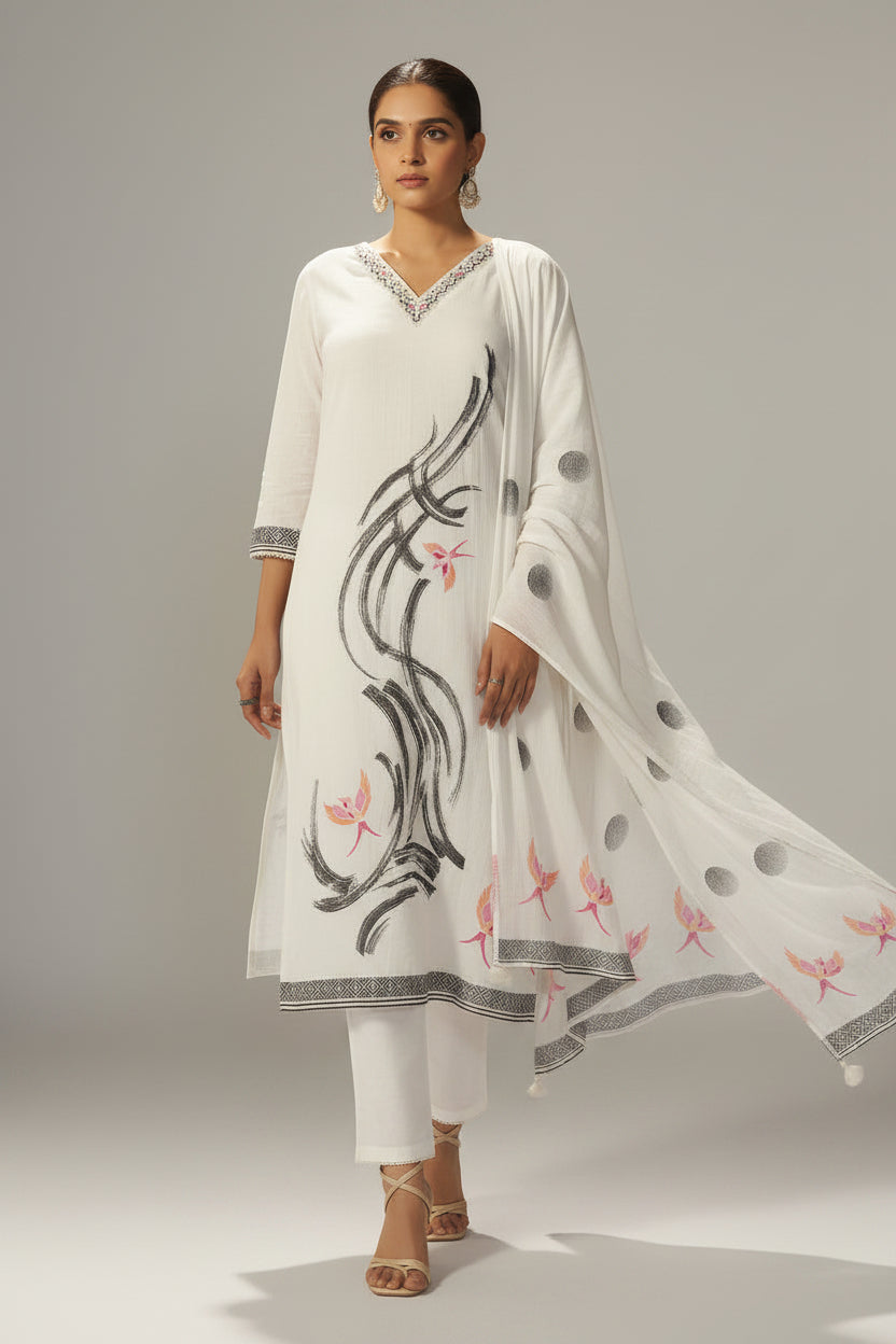 Pure White Cream Cotton Jacquard Kurta Set