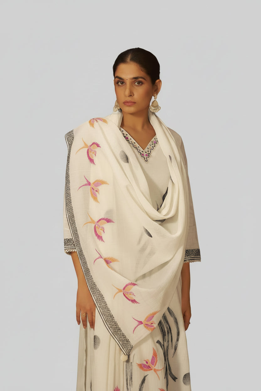 Pure White Cream Cotton Jacquard Kurta Set