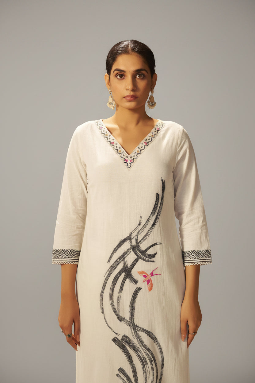Pure White Cream Cotton Jacquard Kurta Set